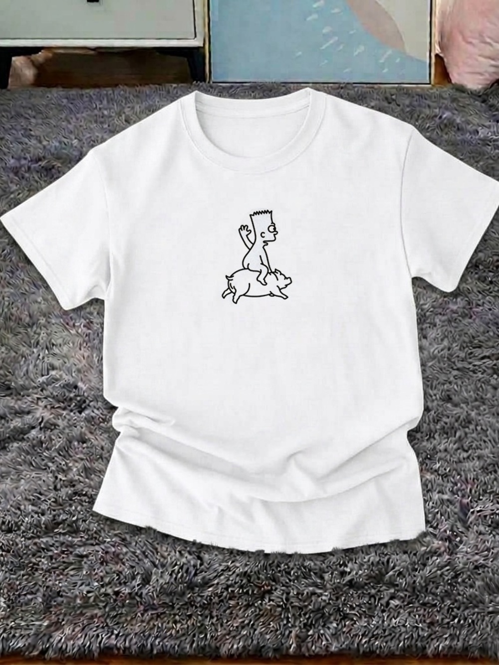 Bart Simpson Riding Pig Shirt, Funny Minimalist Cartoon Graphic Tee Unisex